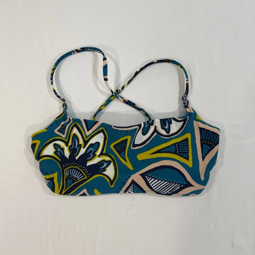 Aerie Abstract‎ Floral Bikini Top Womens Medium Teal Strappy Back | Boho Beach